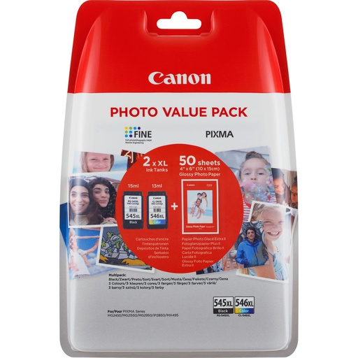 [8286B006] Canon PG545XL Negro + CL546XL Color Pack de 2 Cartuchos de Tinta Originales